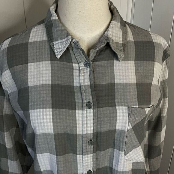 Womens Size XL Button Front Shirt Gray White Check Pattern Long Sleeve Collared - Picture 2 of 13
